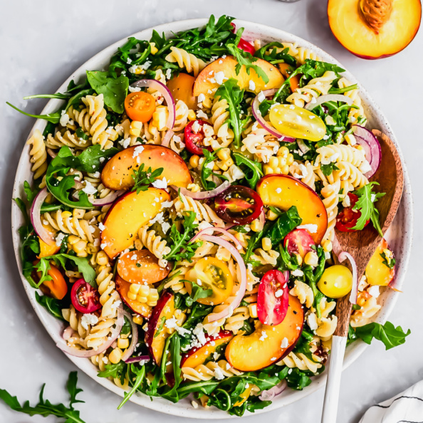 Peach Tomato Corn Arugula  Pasta Salad